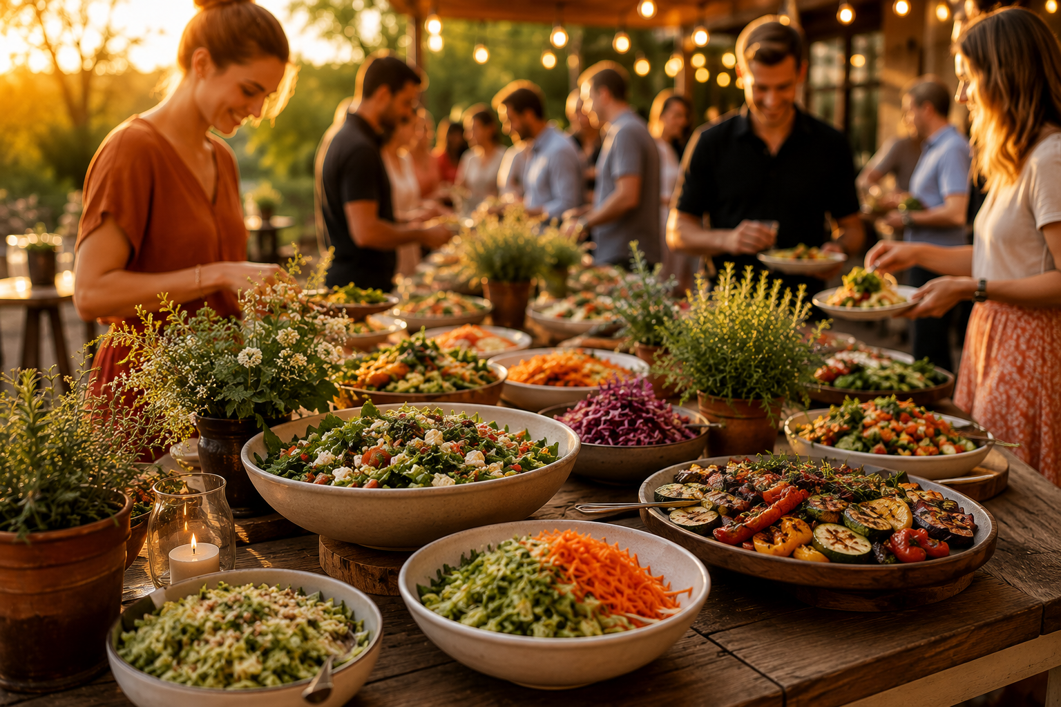 Sommerliches Firmenevent mit langer Tafel, Grillgerichten und Lichterketten